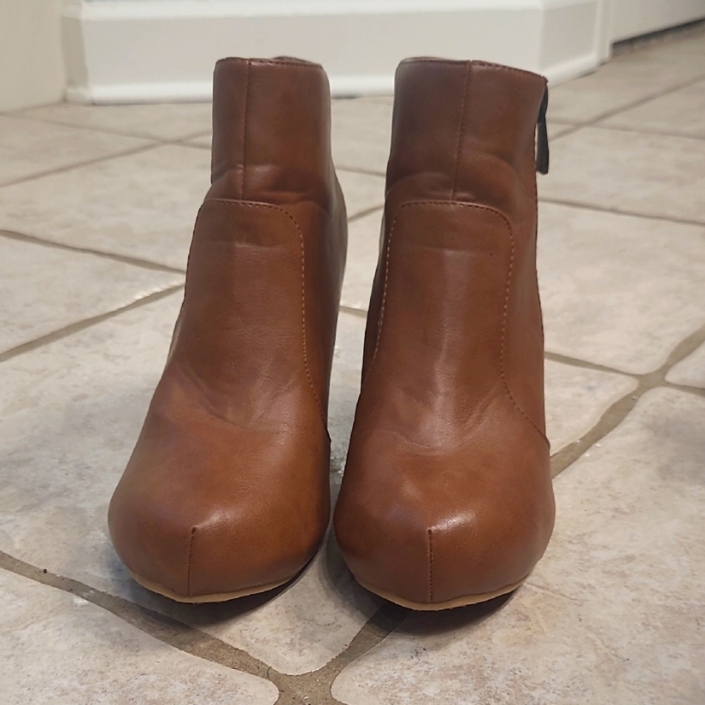 BAMBOO Brown Ankle Booties with Block Heel, Size 6.5